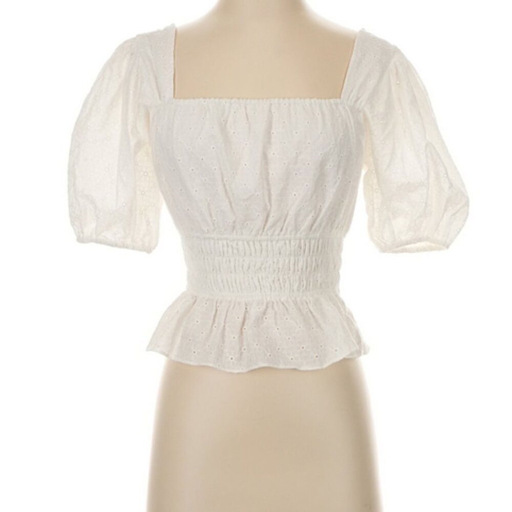 Finders Keepers White Peplum Top with Puff Sleeves in Eyelet Fabric